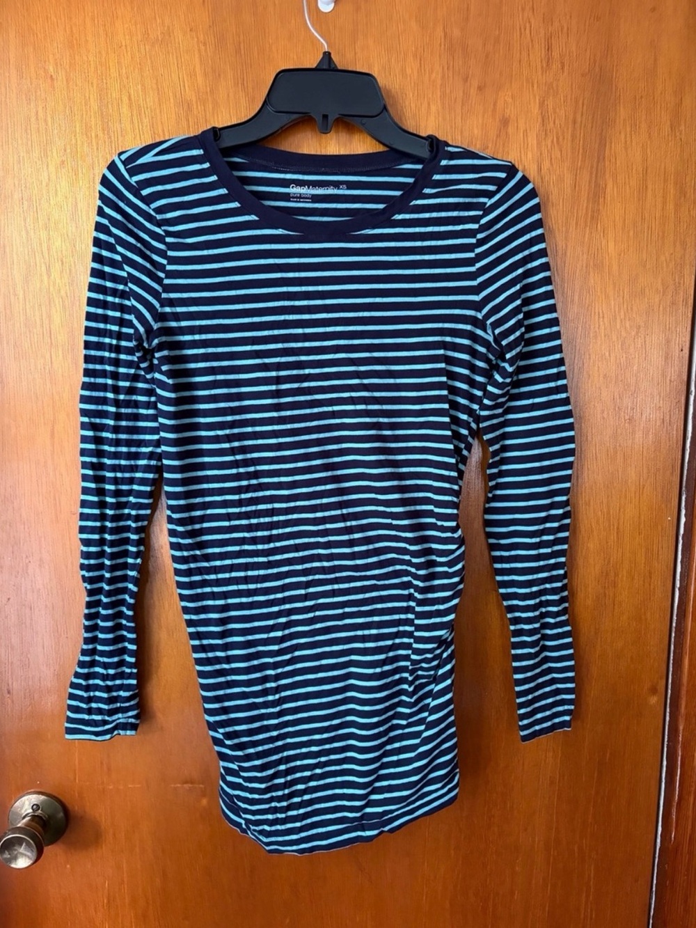 Striped Long-Sleeve Maternity Crewneck Top - Navy & Teal